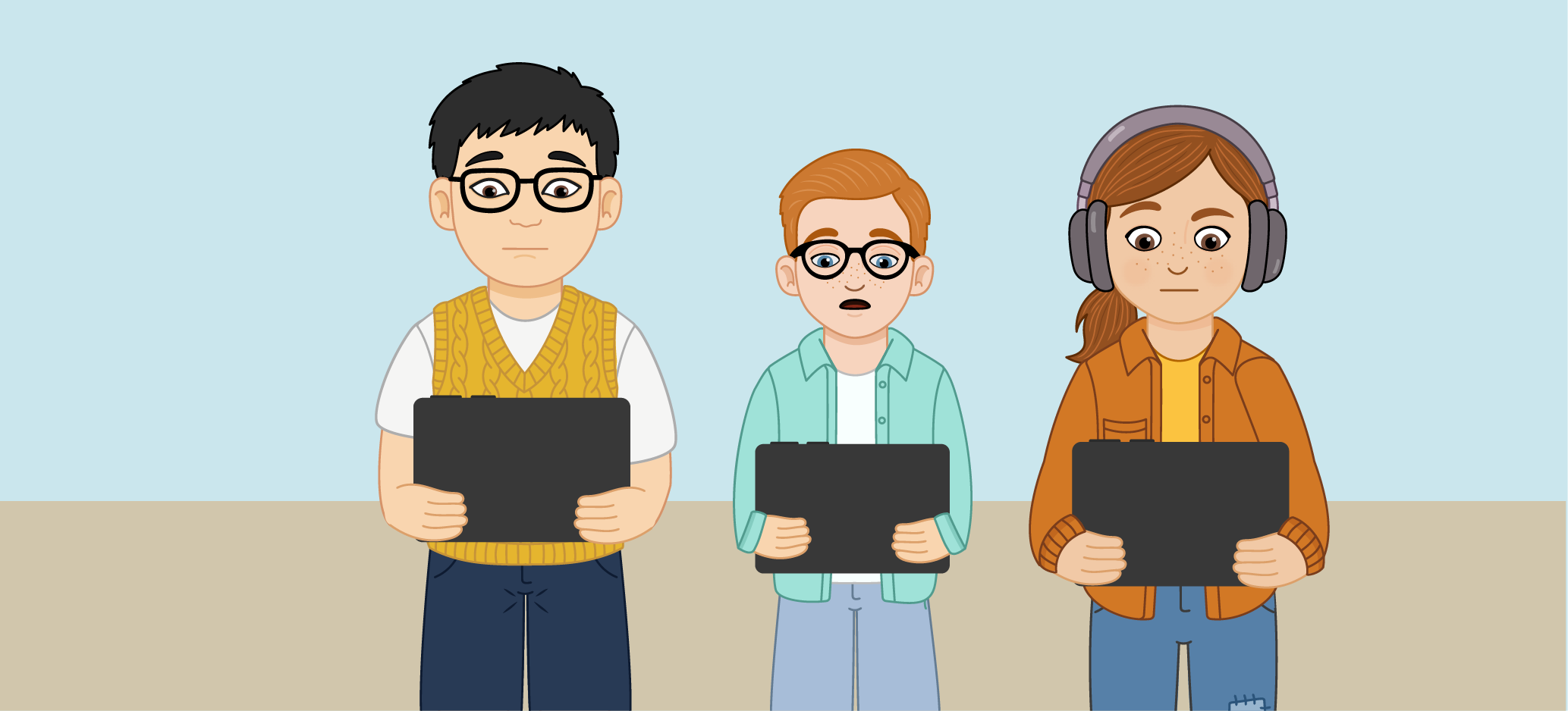 Three children holding tablet devices, with one child wearing headphones.