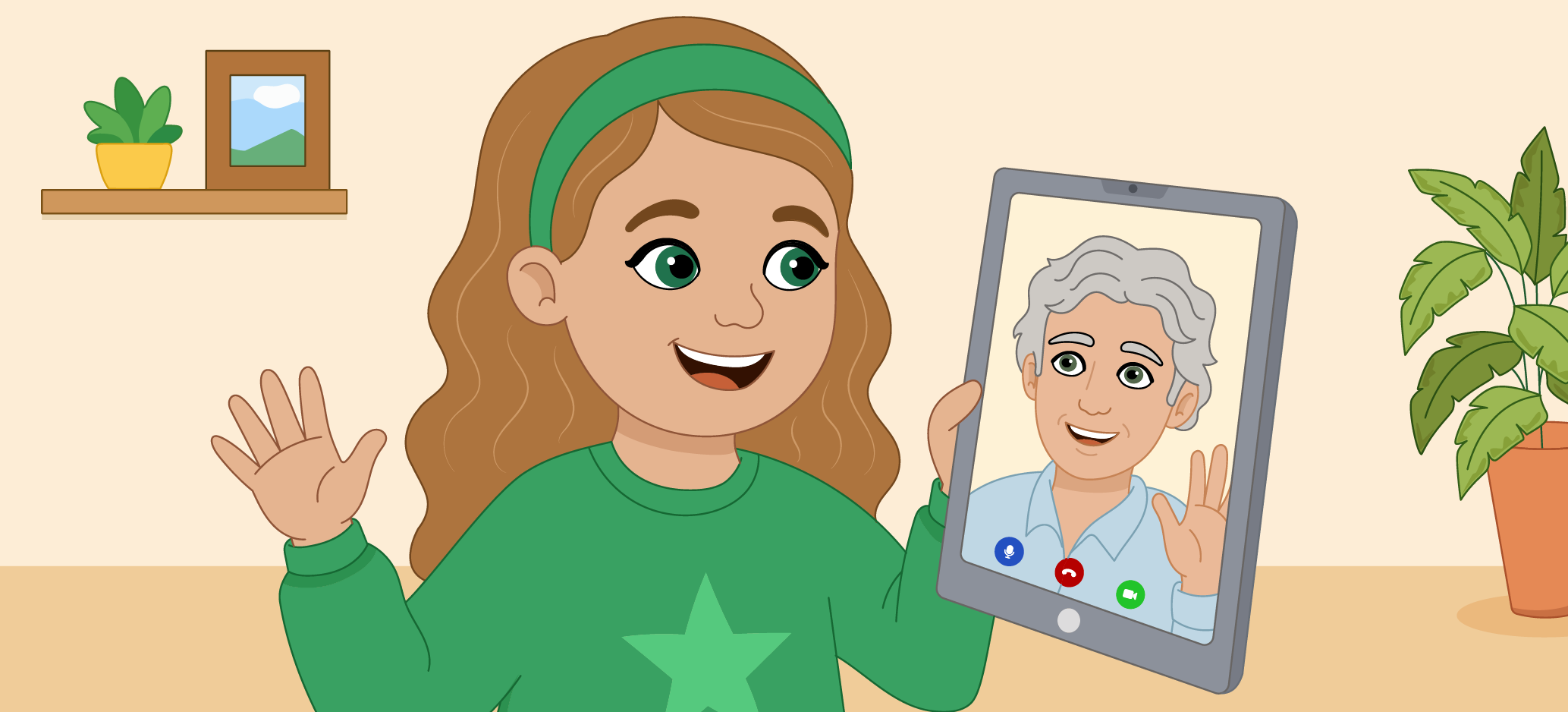 Illustration of a smiling girl waving during a video call on a tablet with an older family member.