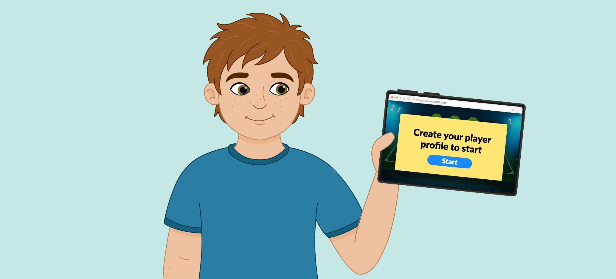 Illustrated boy holding a tablet showing a prompt to create an online player profile for a sports game.