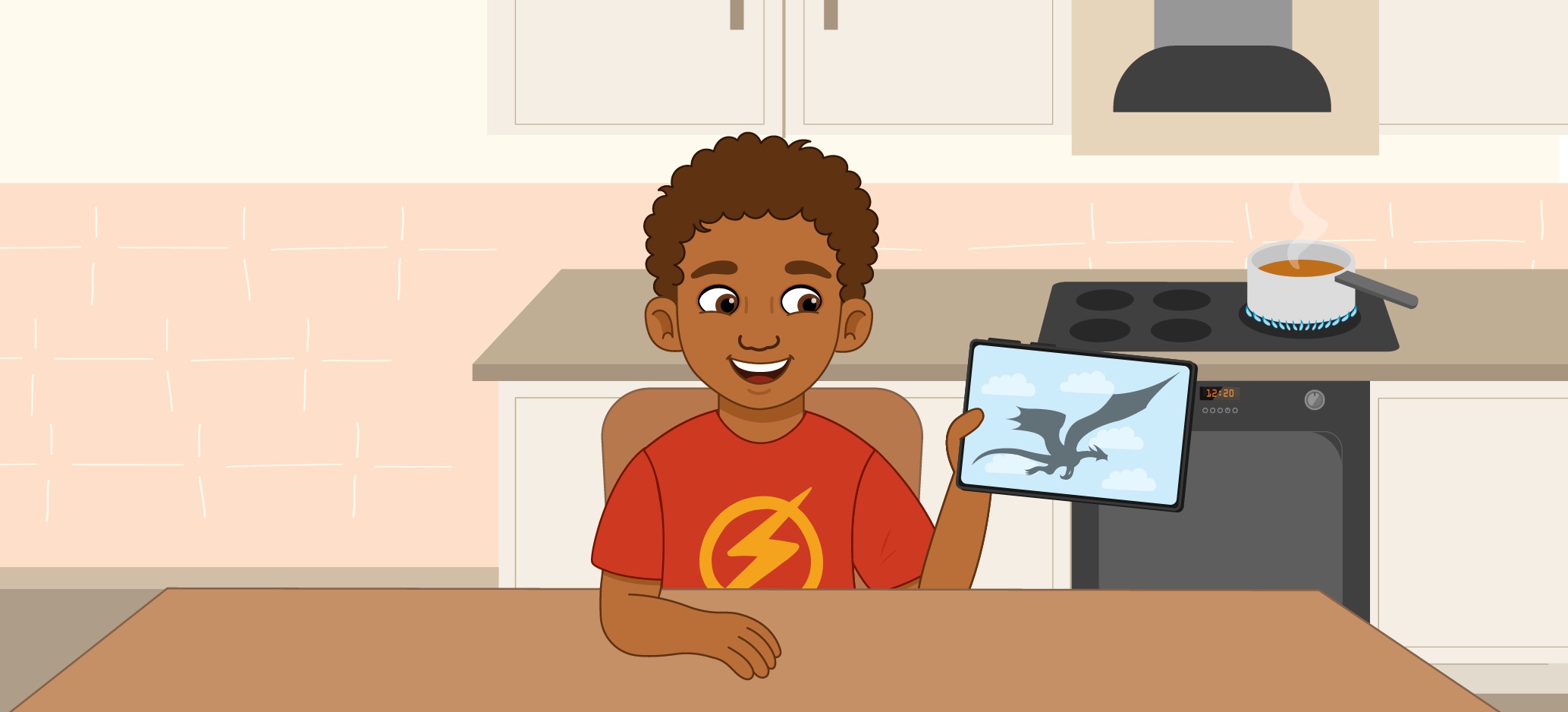 Illustrated child holding a tablet with a dragon image while sitting in a kitchen near a boiling pan on the stove.