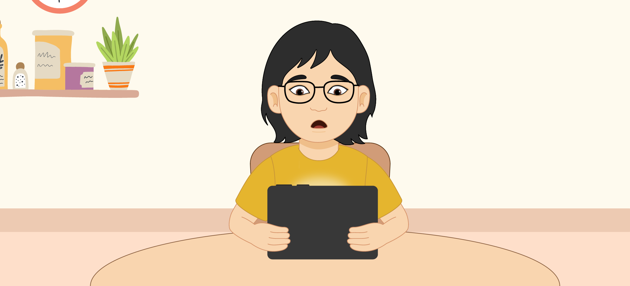 Illustrated child looking worried while holding a tablet at a table indoors.