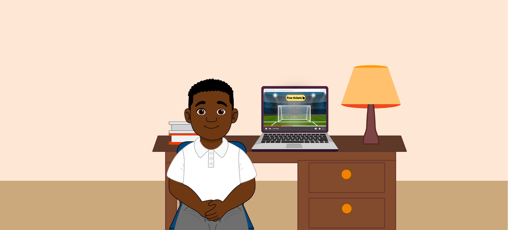 Illustration showing Kapow character sitting in front of a desk with a lamp and laptop open, showing an online advert.