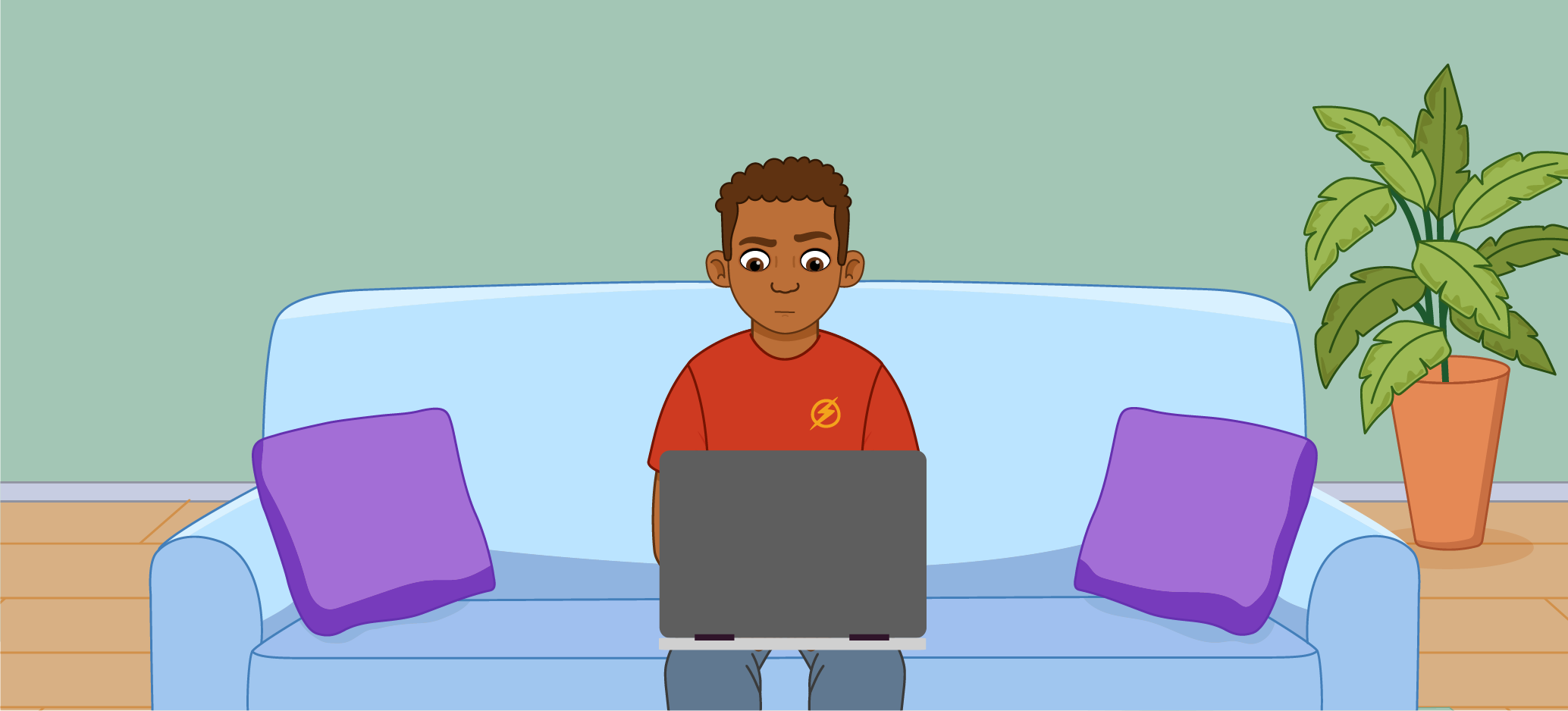 Illustrated header image showing a Kapow character at home, finding information online.