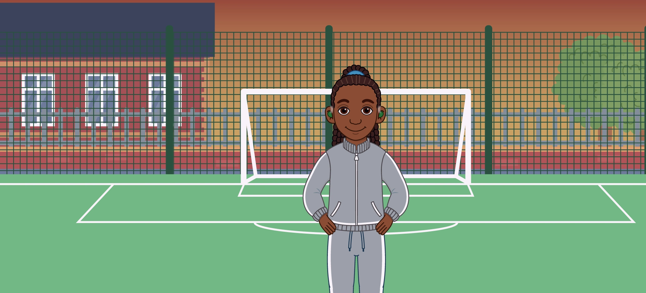 Illustration of a girl wearing a grey tracksuit on a football pitch in front of a goal at dusk.