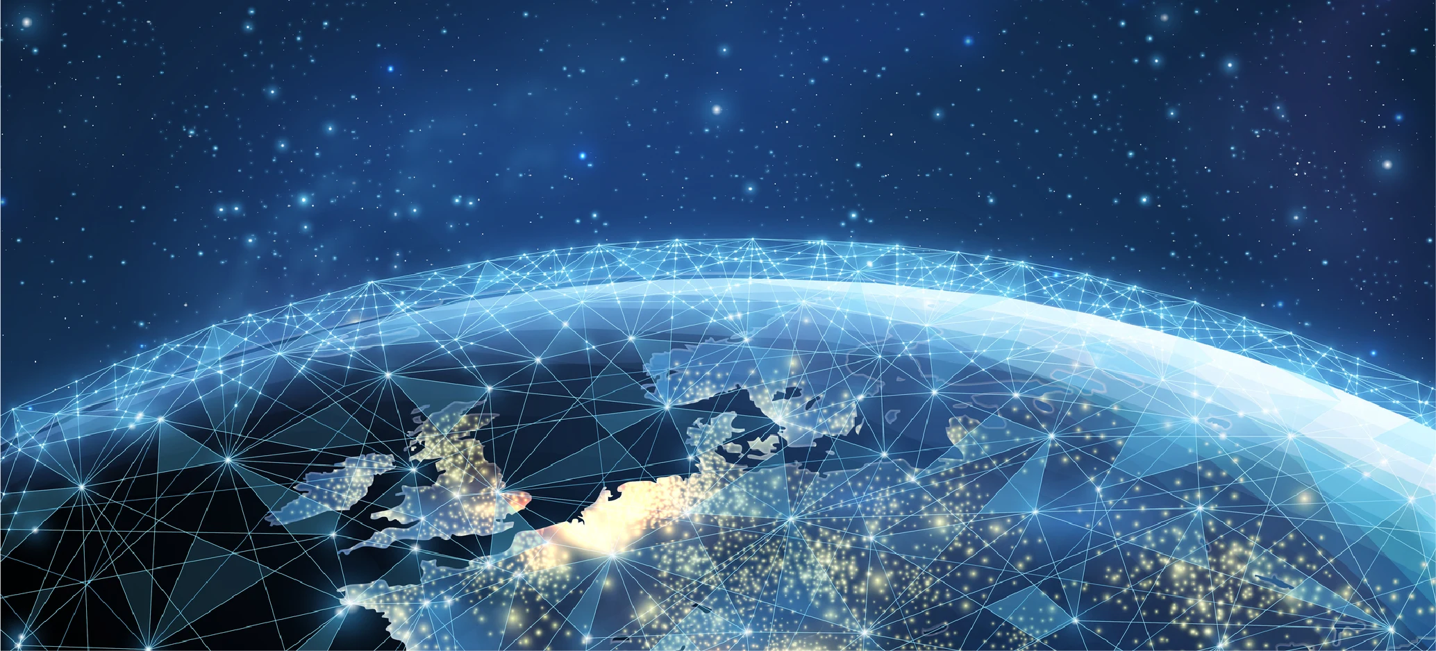 An illustration of Earth viewed from space, covered by a web of glowing lines and connection points linking different locations. The image represents a global network connecting computers around the world.