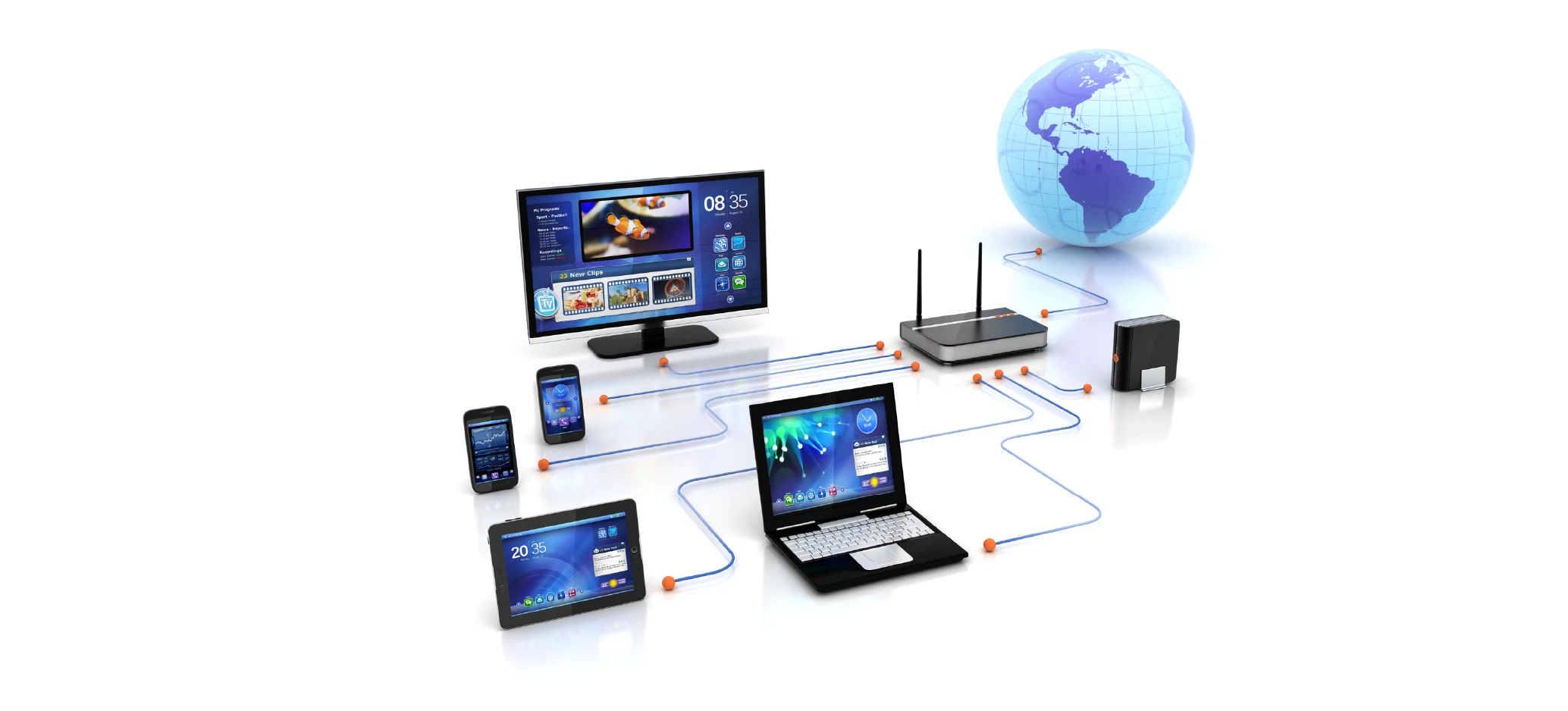 A diagram showing several digital devices, including a laptop, tablet, smartphones and a television, connected to a wireless router. The router is connected to the internet, represented by a globe, illustrating a network