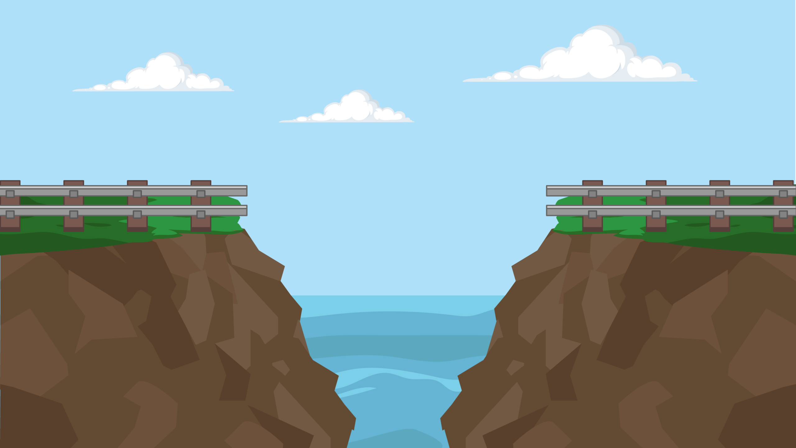 Illustration of two sections of land with a channel between filled with water. On either side of the channel there are train tracks on the land with a gap over the channel.