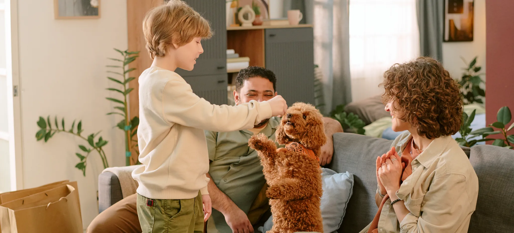 A child rewards a small dog with a treat while two adults watch and smile in a living room.