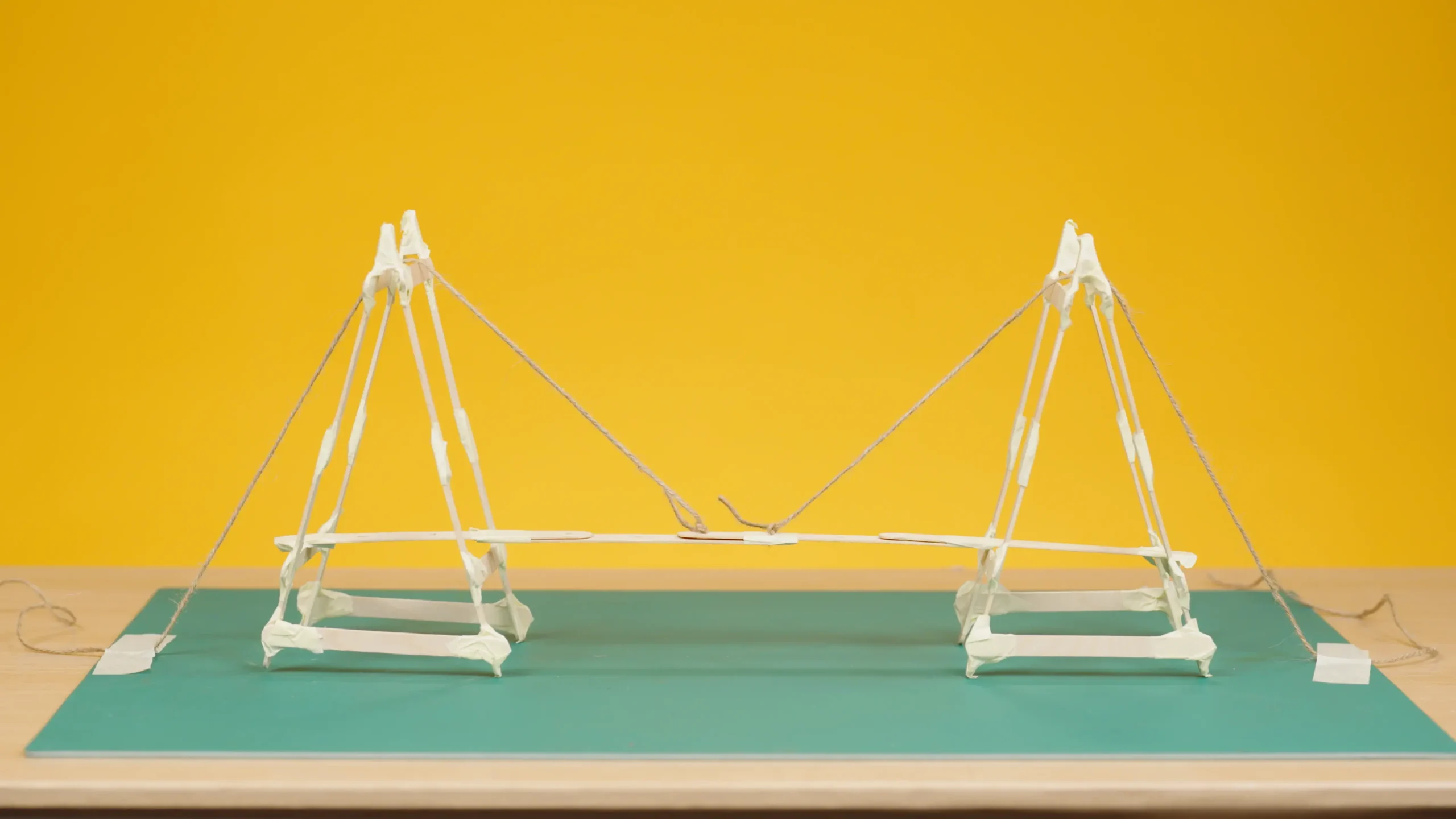 Model of a suspension bridge made with lollipop sticks and string.