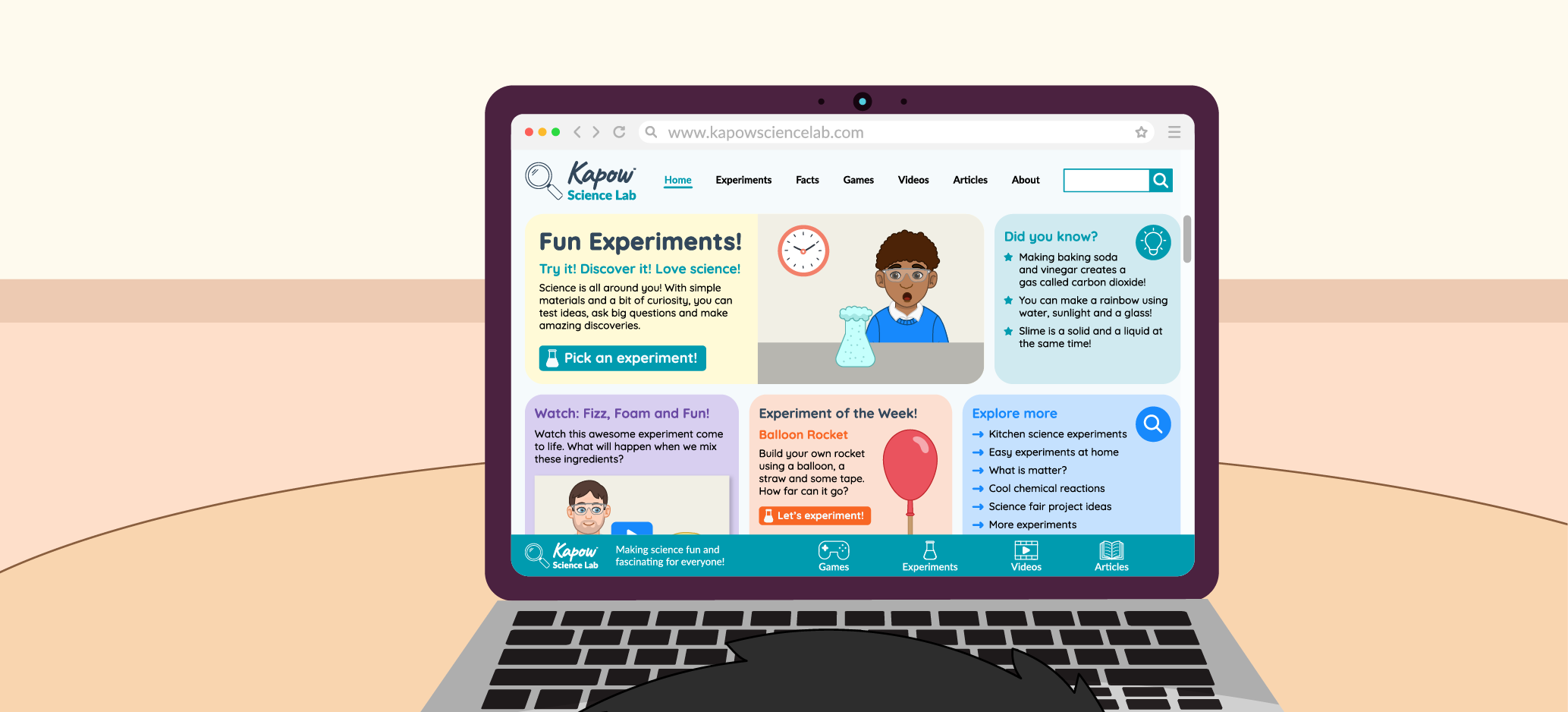 A child looks at a laptop displaying the Kapow Science Lab website, with colourful sections including experiments, facts, games, videos and articles.
