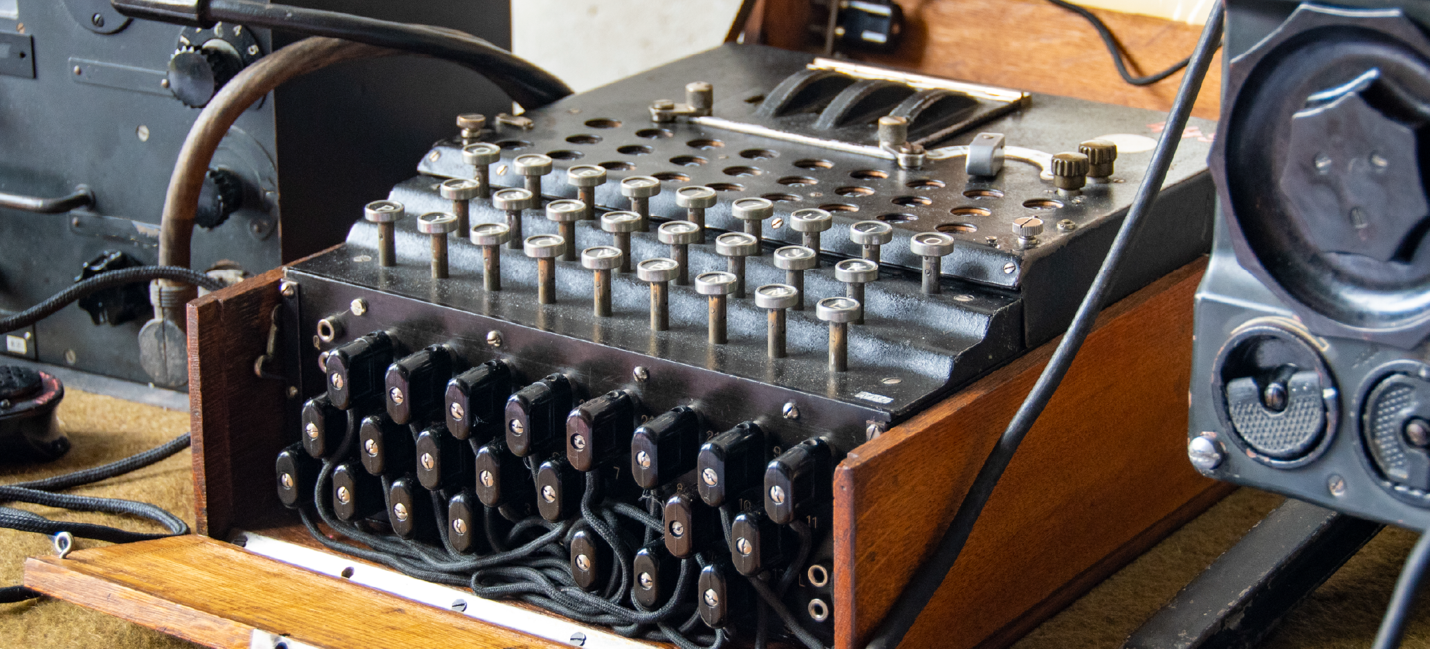 The Enigma machine with a keyboard, switches and cables used to encrypt messages.