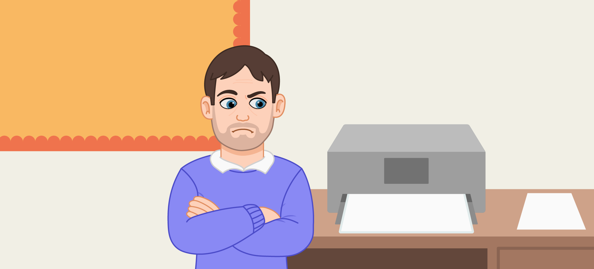 A teacher standing beside a printer that is not working.
