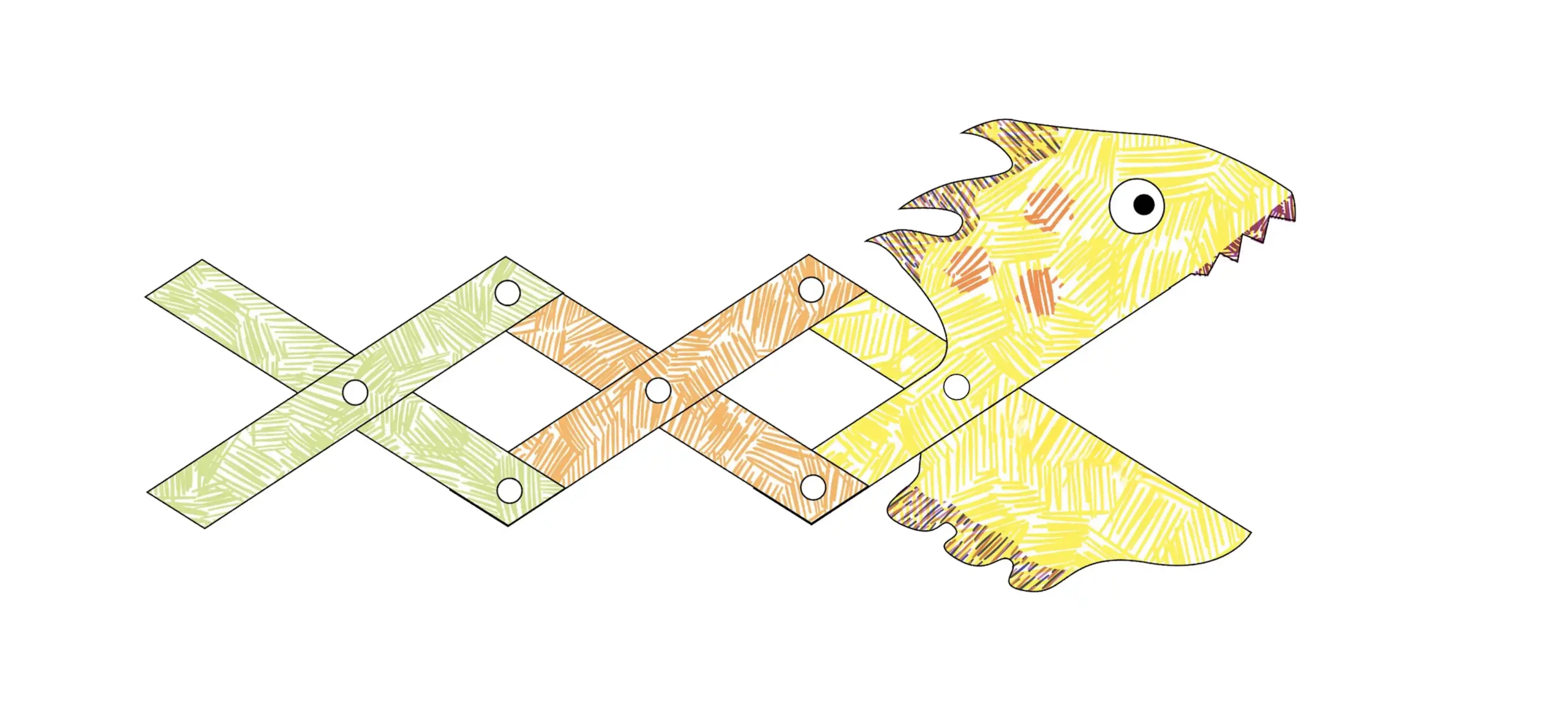 Illustration of a moving monster toy design with linkages and green, orange and yellow colours.