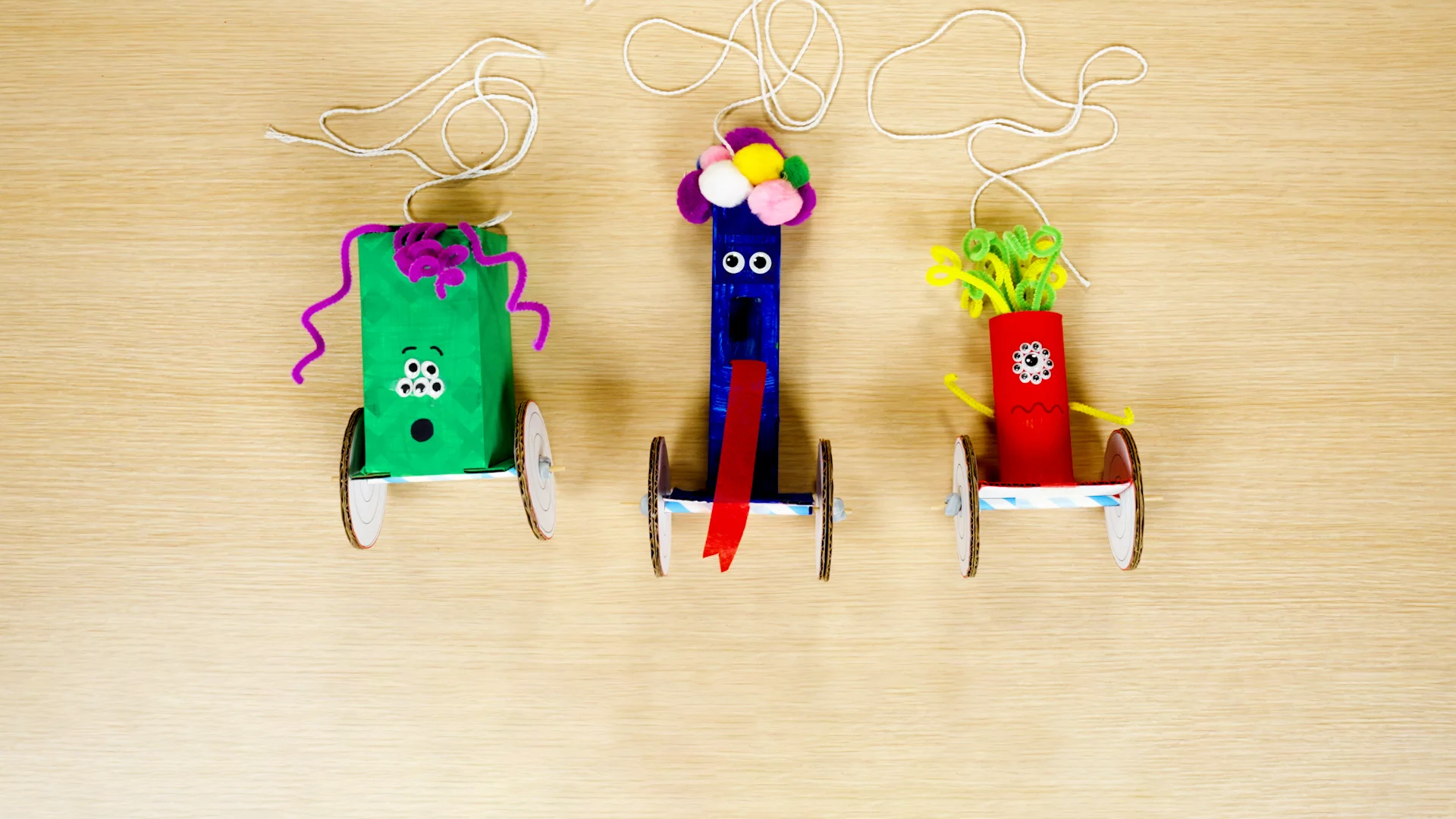 Three pull-along toys created for a Design and technology unit.