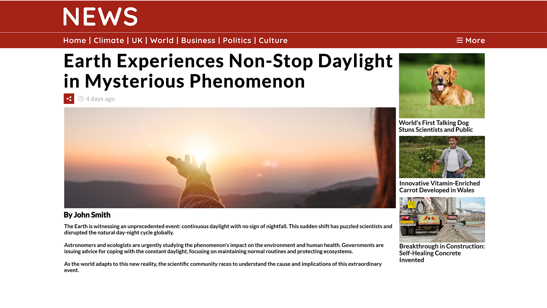 Mock news webpage with the headline 