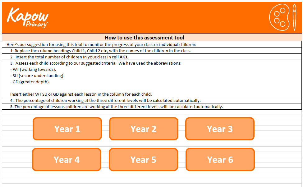 Art and design Assessment spreadsheet for KS1 and KS2 Kapow Primary