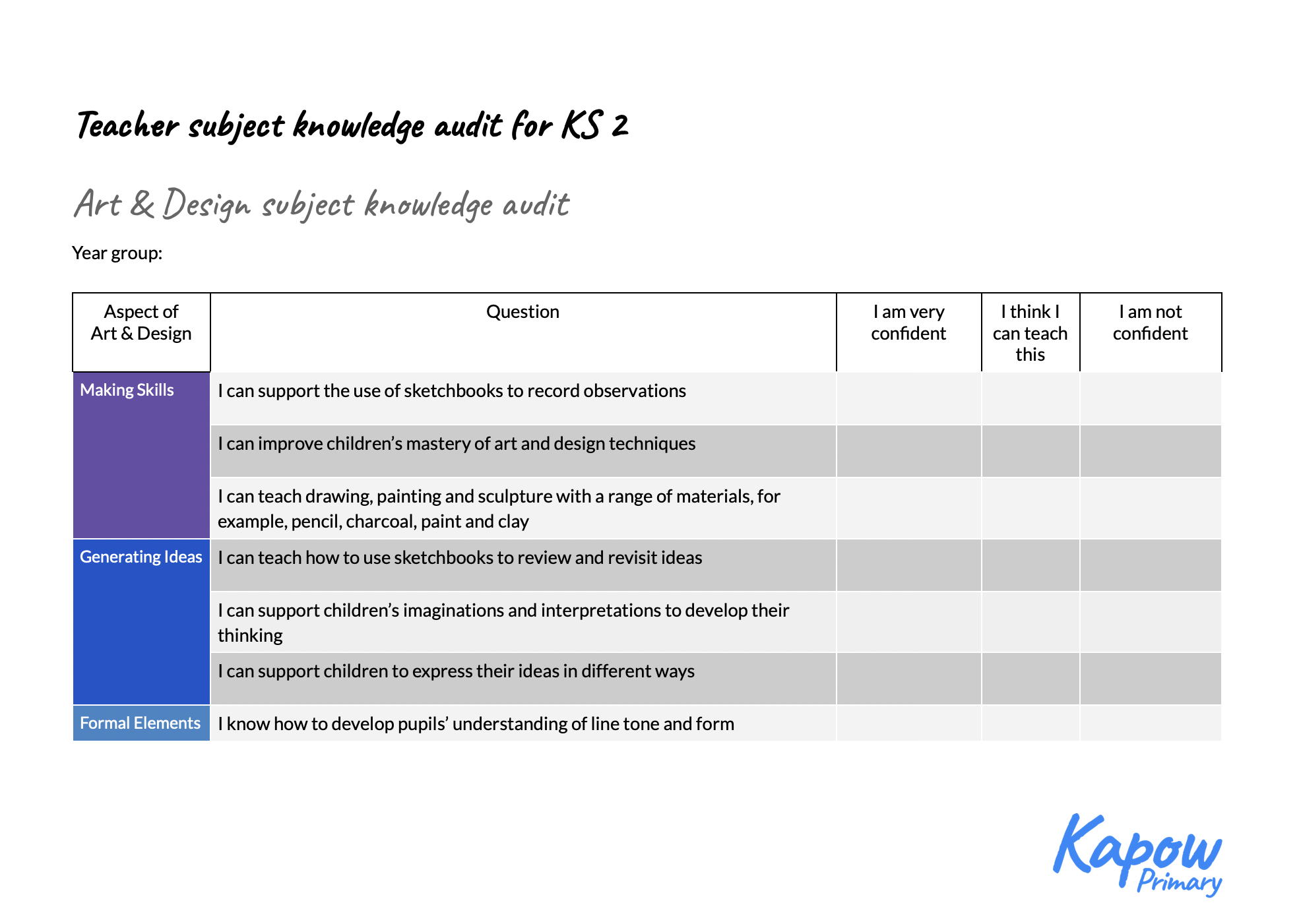 Teacher subject knowledge audit KS2 Kapow Primary