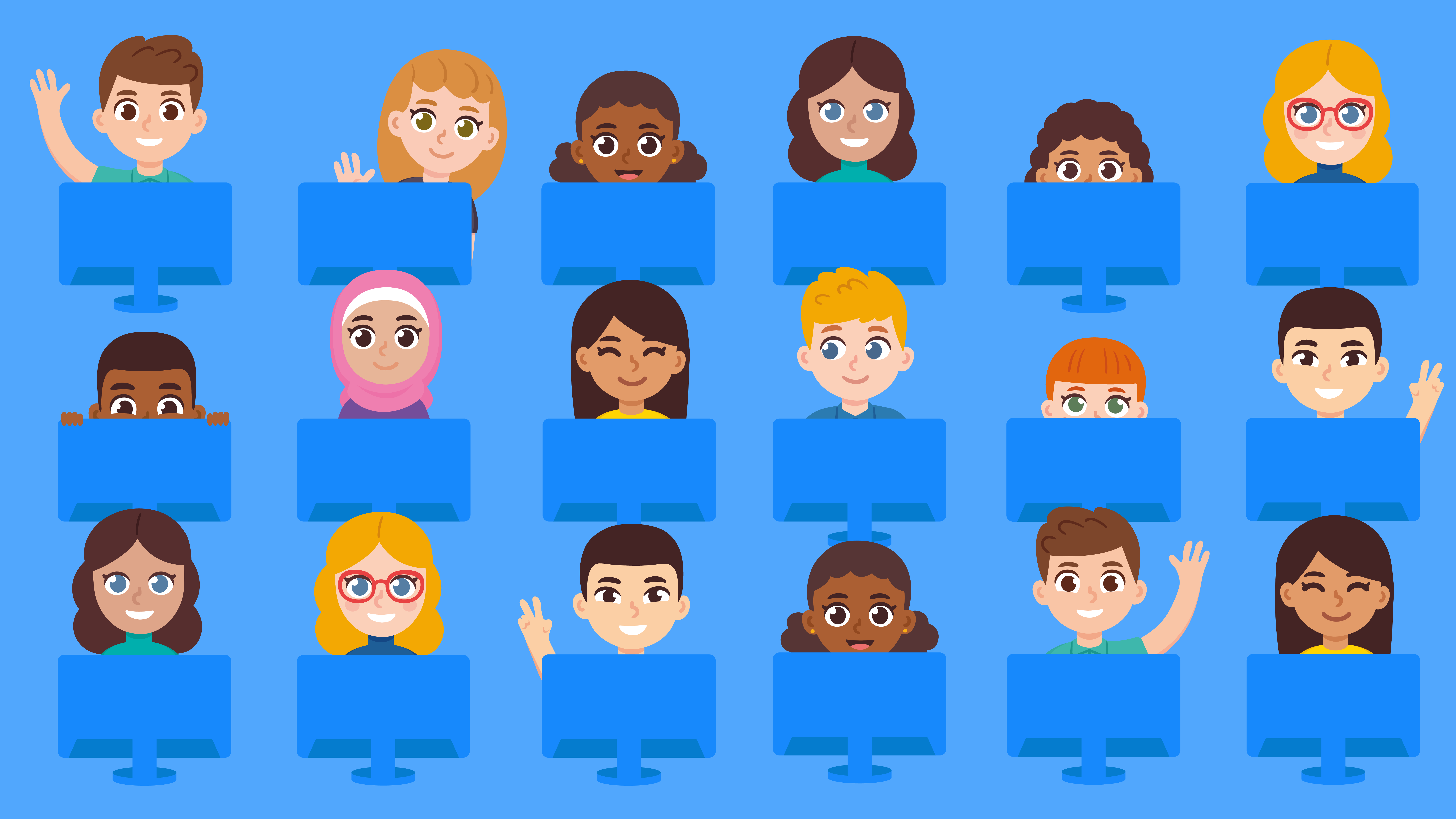 Illutrations of children behind computer screens