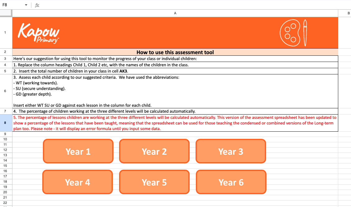 Art and design: Assessment spreadsheet