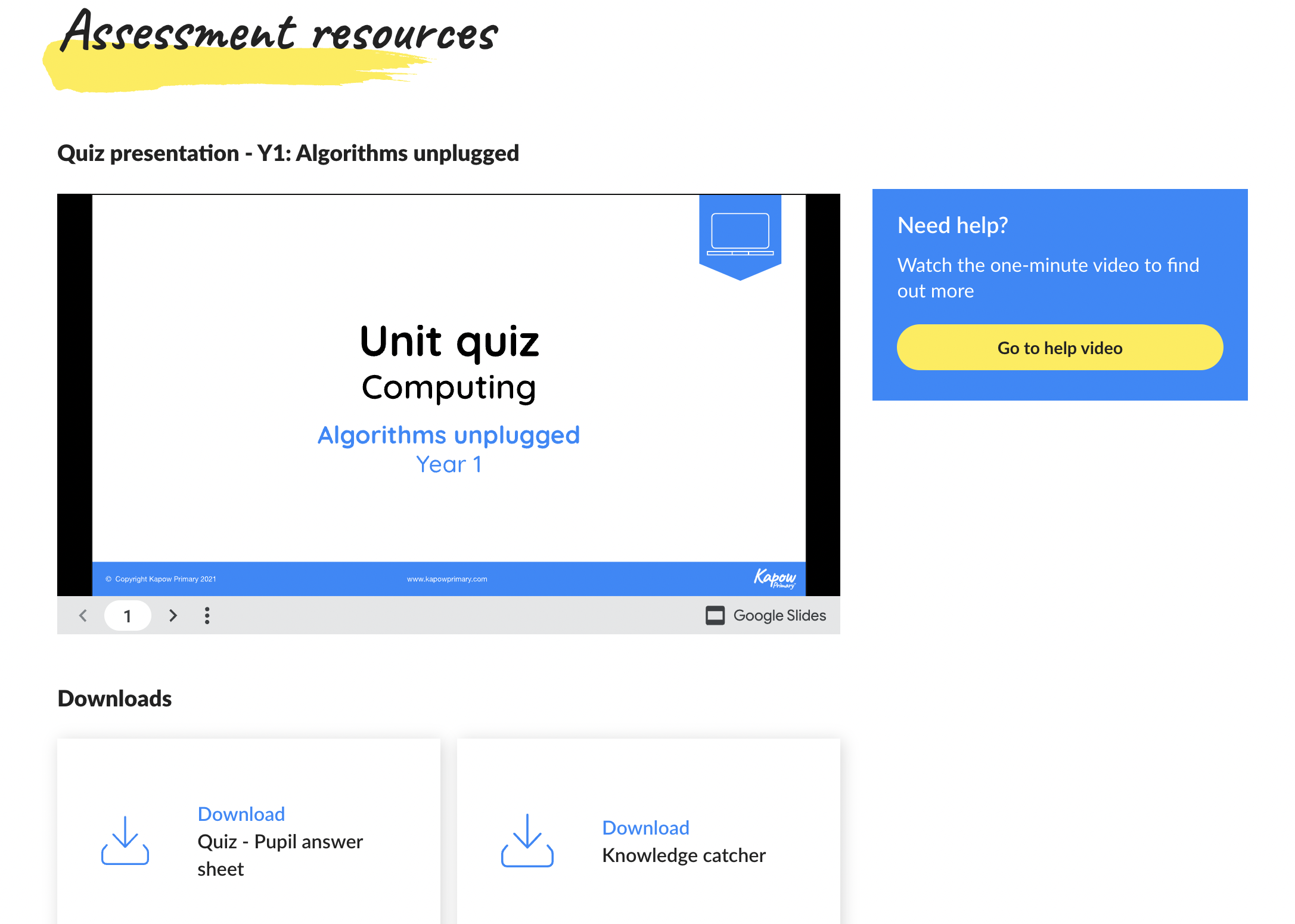 Example of Computing assessment page