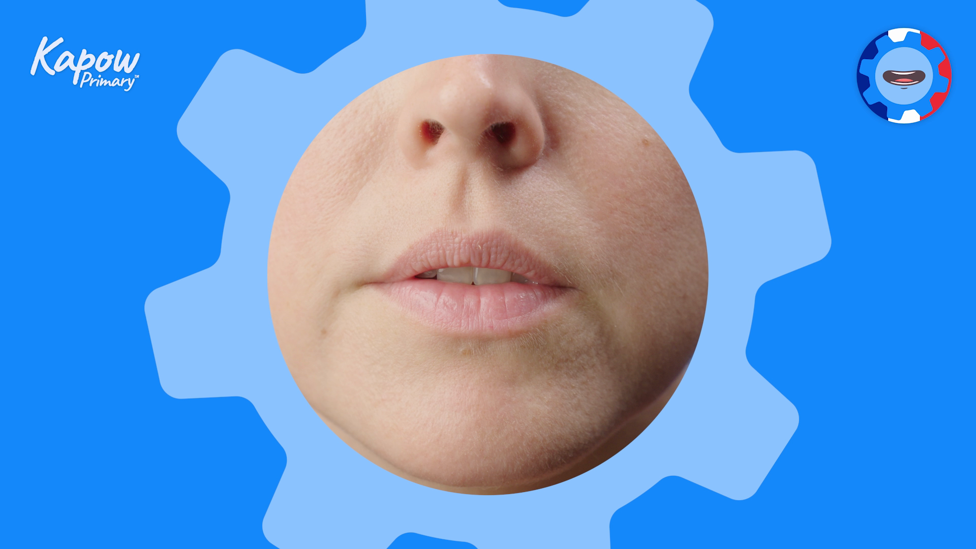 A circular icon in the top right features a gear design with a smiling face in the center. The image is part of a resource for teaching the French phoneme 'u,' emphasising pronunciation and sound-spelling connections