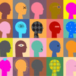 A colourful grid of multiple outlines of a head each with different background and patterns