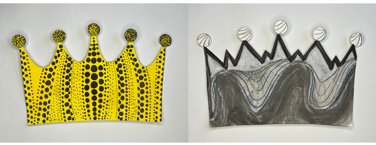 Pictures of crown, 1st crown is yellow with a black repeated circled pattern, the second image has different tones of grey