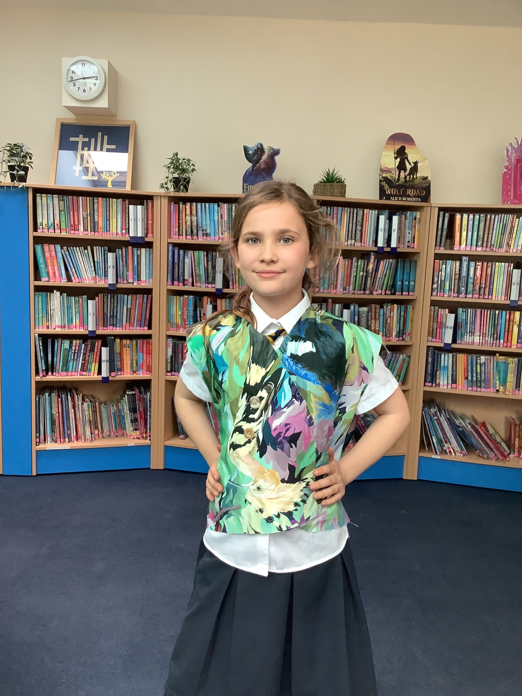 Year 6 child wearing a hand-sewn waistcoat.