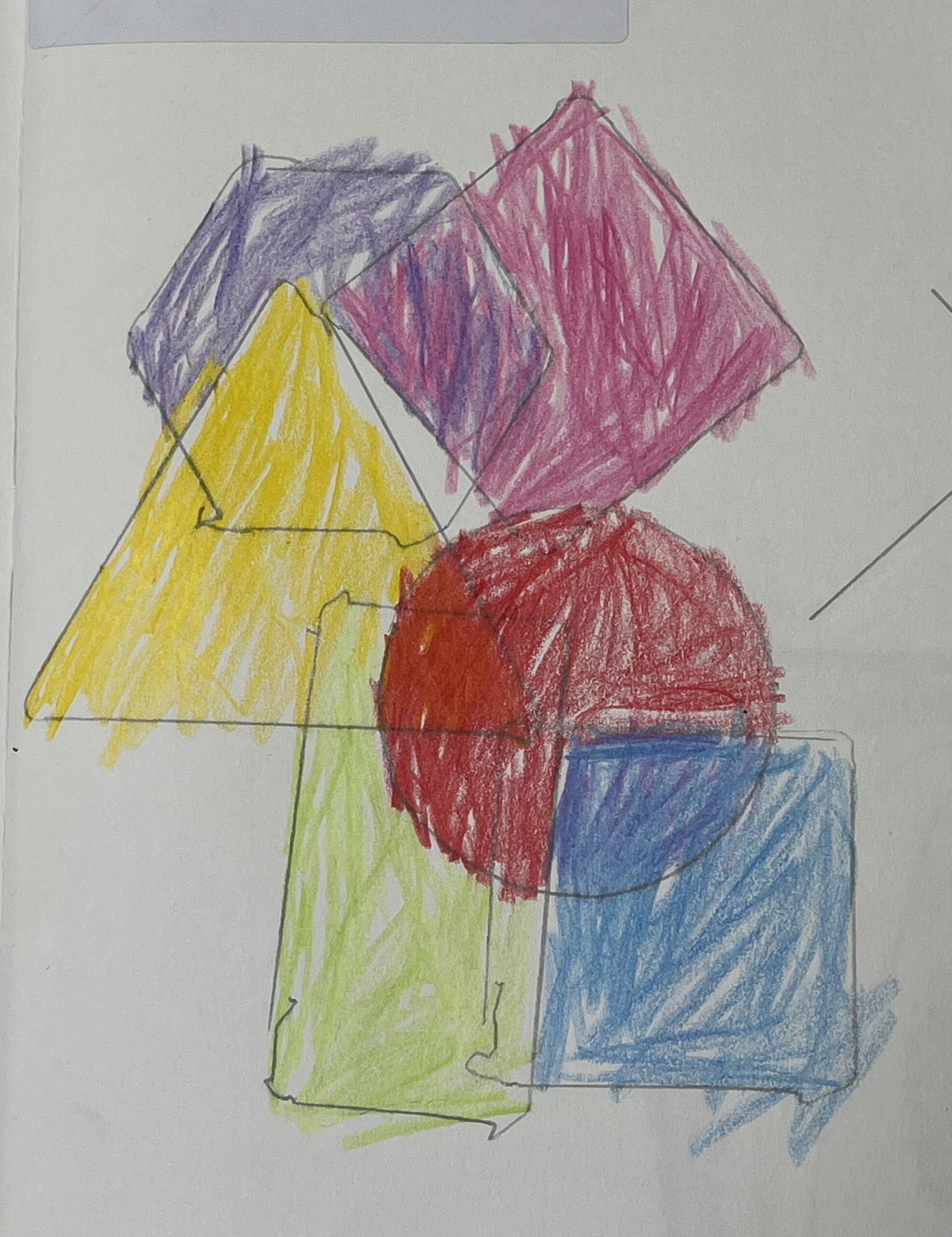 Child's drawing of shapes, coloured in using coloured pencils