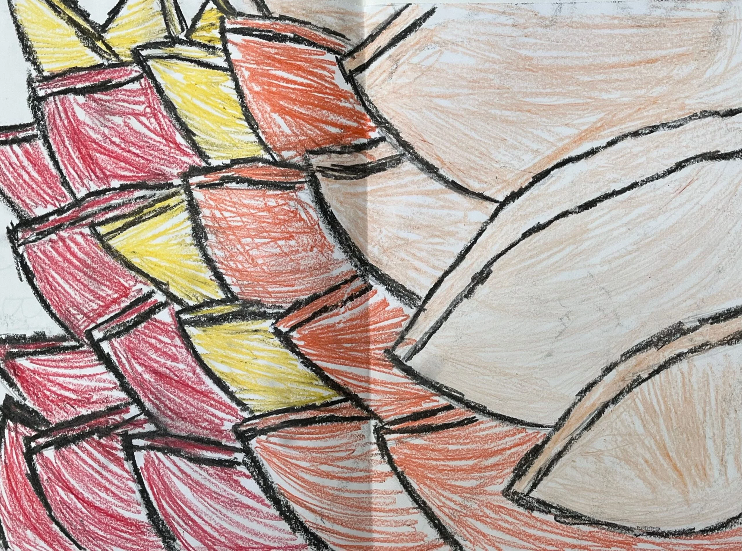 Year 3 child's abstract drawing of a flower, very close up with bright colours.