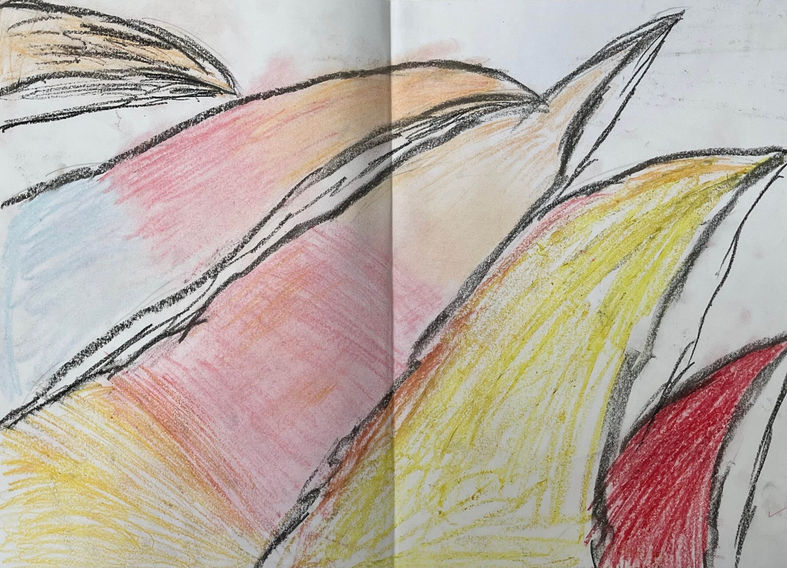 Year 3 child's abstract drawing of a flower, very close up with bright colours.
