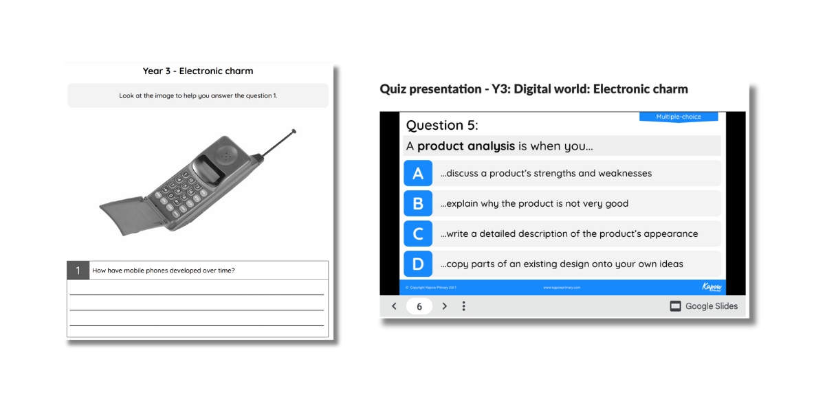 Examples of assessment methods in D&T including a knowledge catcher questions and quiz