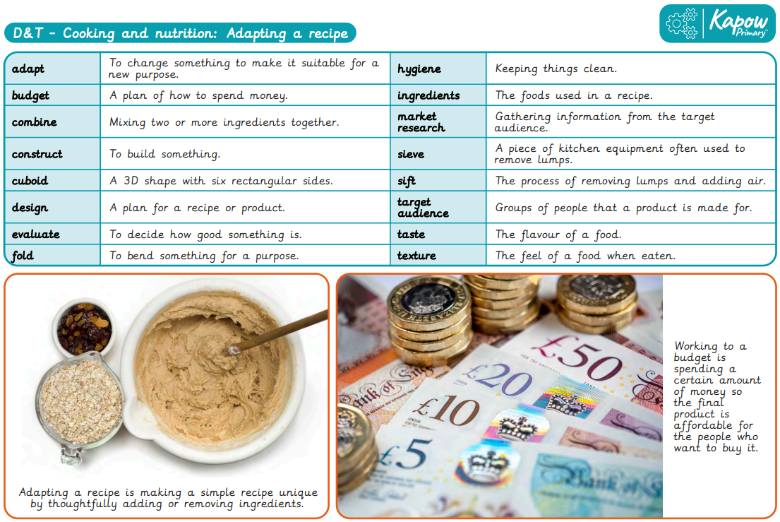 Knowledge organiser – D&T Y4: Cooking and nutrition: Adapting a recipe
