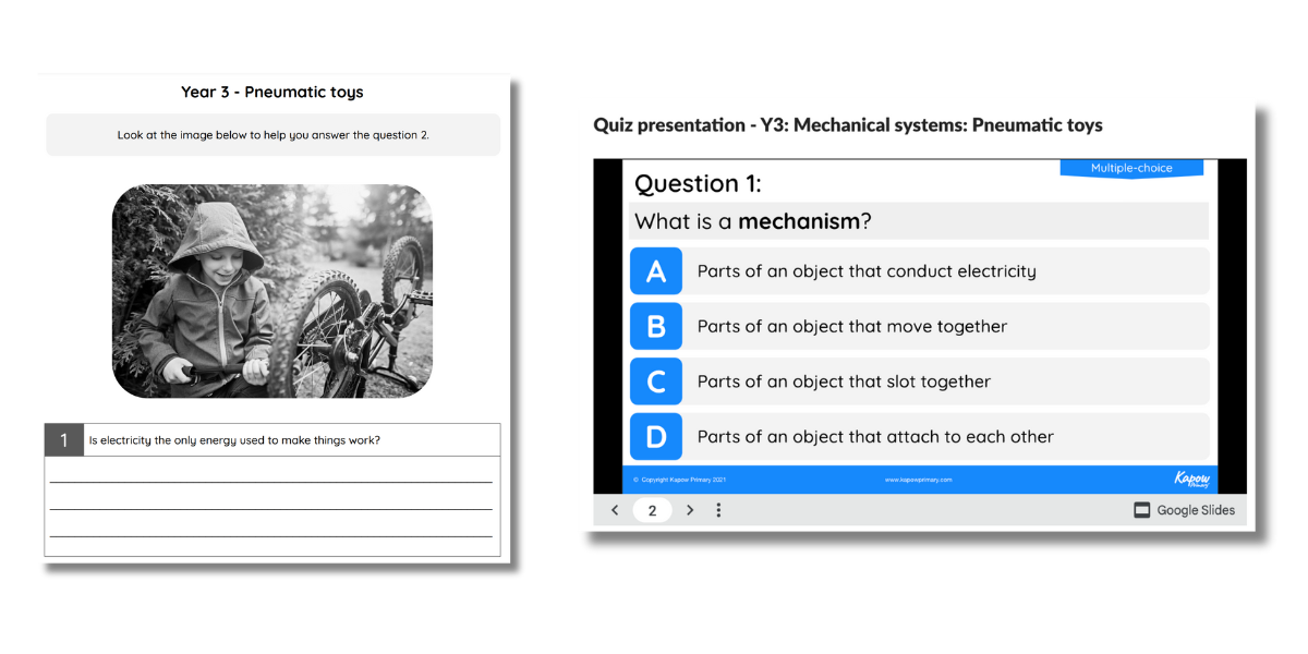 Example of assessment resources from DT Year 3 unit