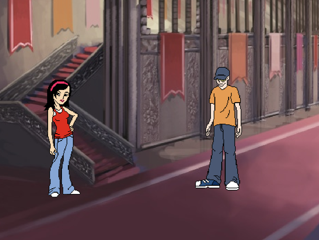 Two cartoon characters standing apart in a grand hall with banners and a staircase.