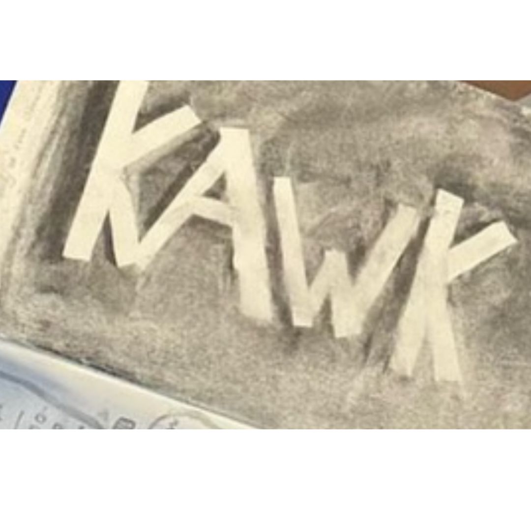 Charcoal artwork showing the name Kawk in bold white letters.