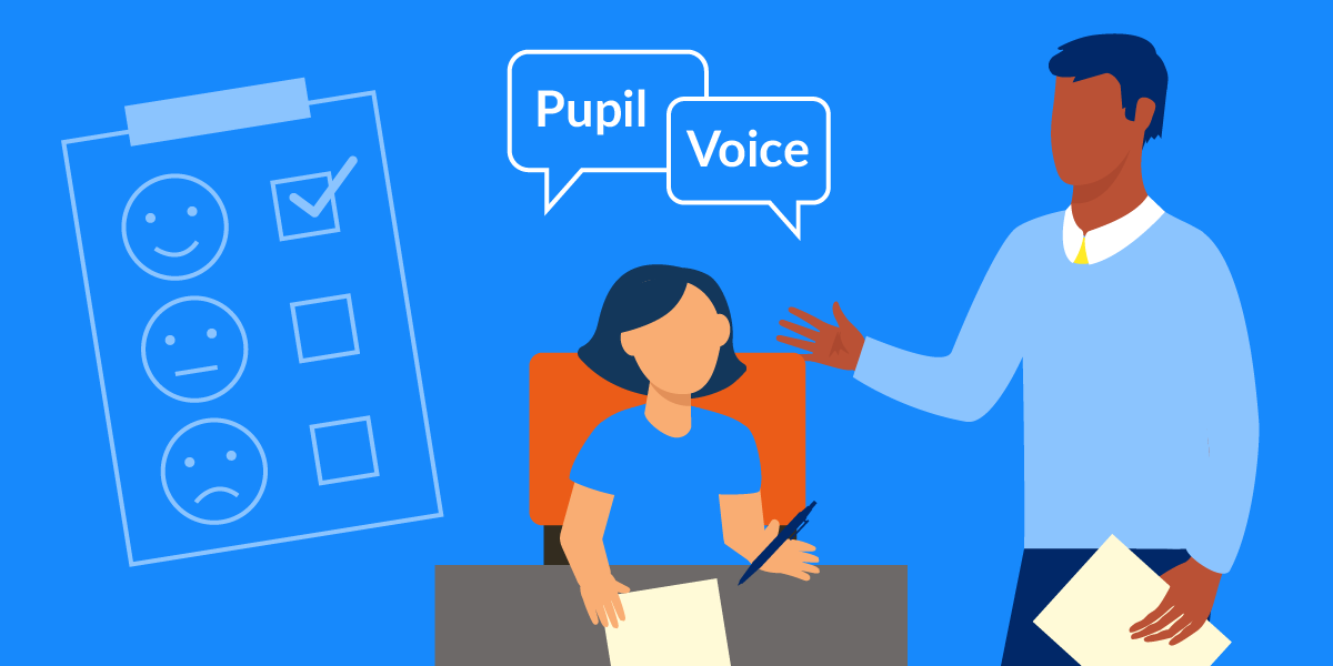 Illustration of teacher and pupil going through pupil voice survey