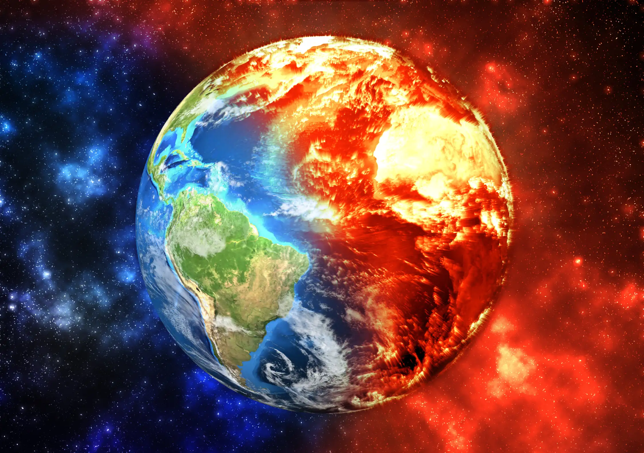Earth with one half on fire and the other half intact.