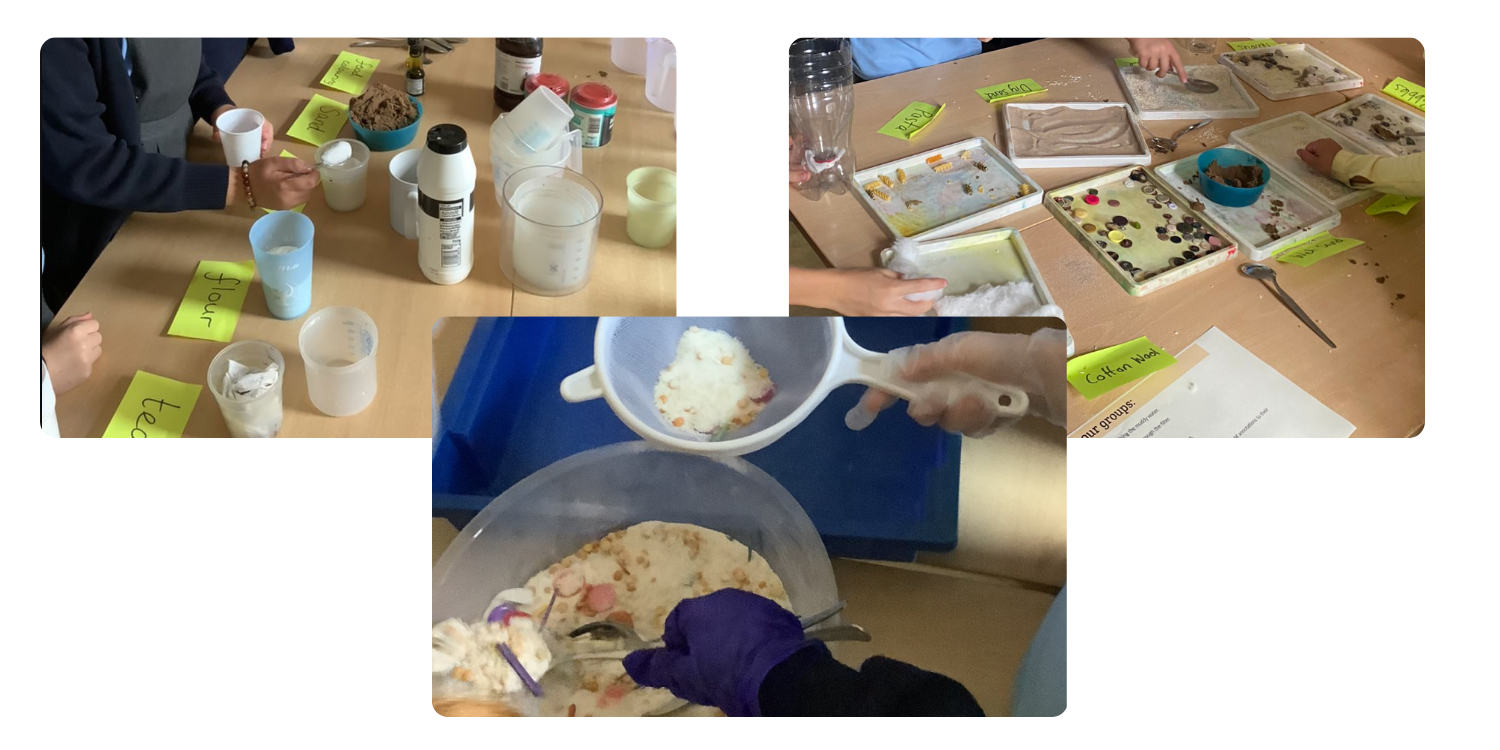 Pupils taking part in a science lesson learning to filter water and materials