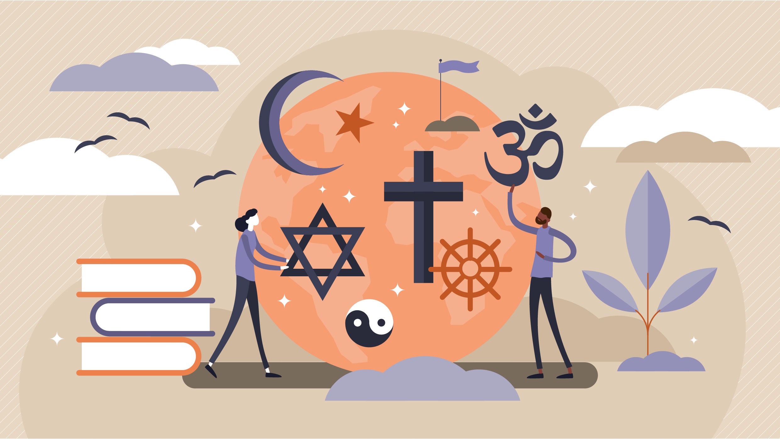 Two people standing next to a globe, with the symbols for some of the world's largest religions