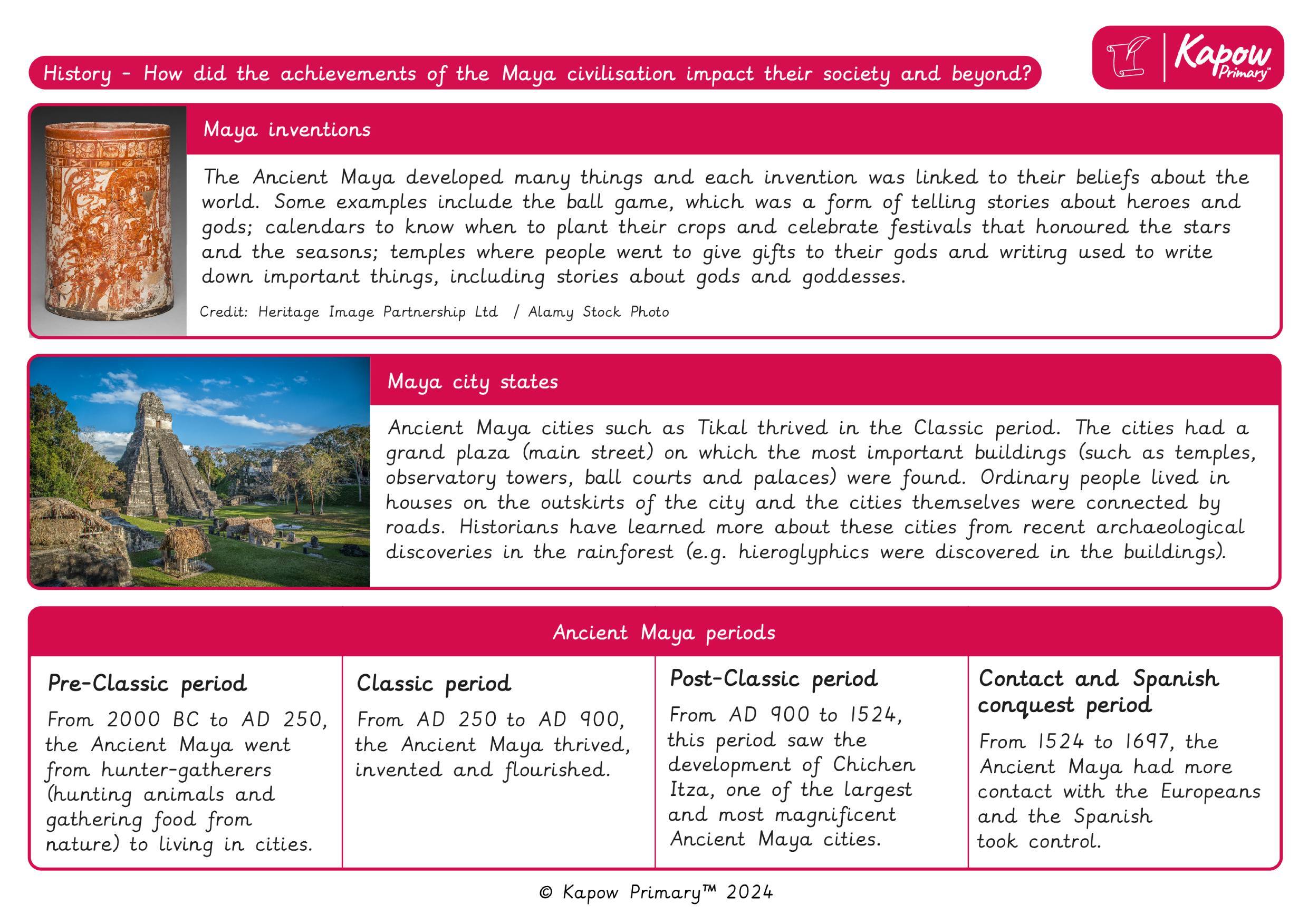 Knowledge organiser – History Y3/4 (B): How did the achievements of the ancient Maya impact their society and beyond?