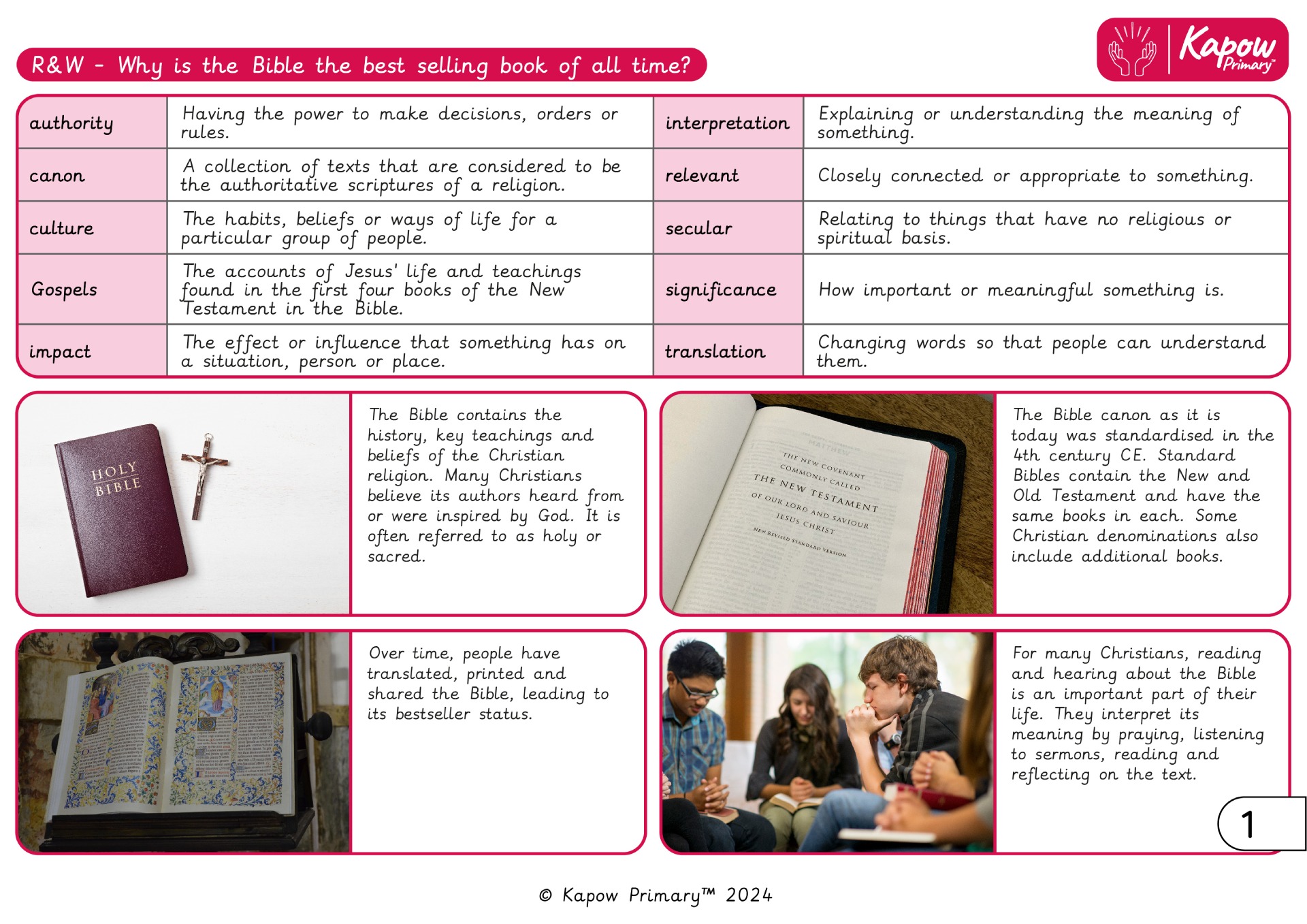 Knowledge organiser – R&W Y4: Why is the Bible the best selling book of all time?