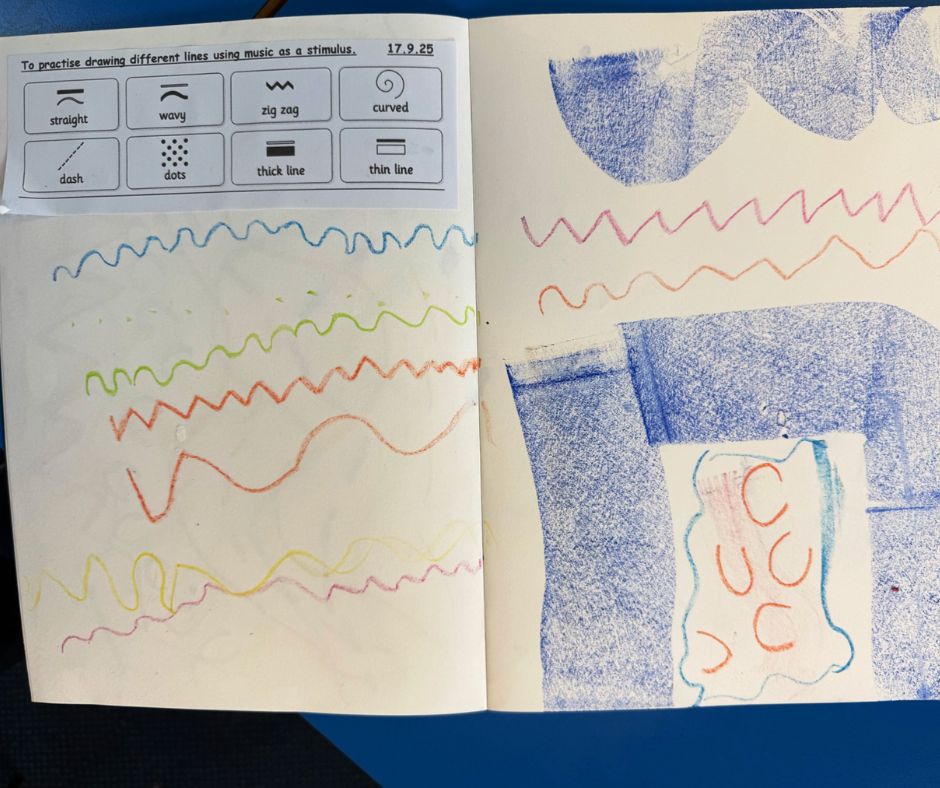 Workbook page with colourful wavy, zigzag and curved lines drawn in crayon.