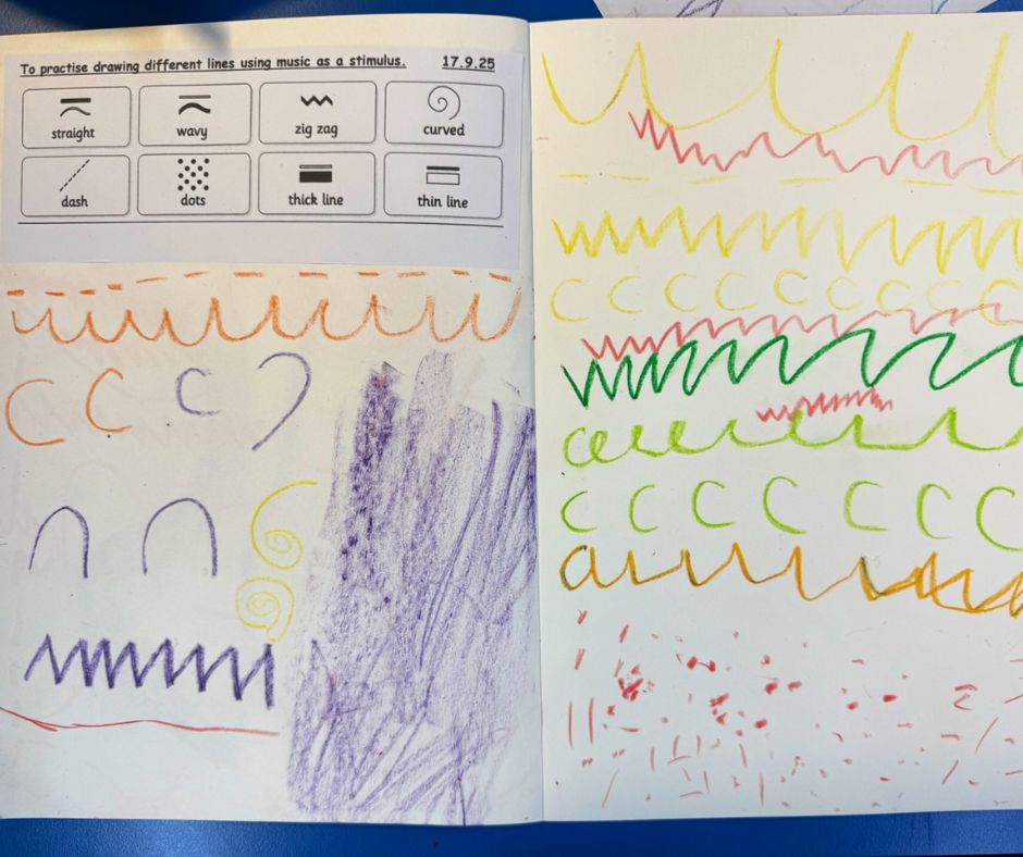 Pupil’s workbook showing different line patterns drawn with coloured crayons.