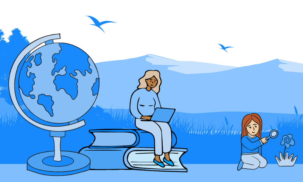 Illustrated children looking at environment with geography images around them