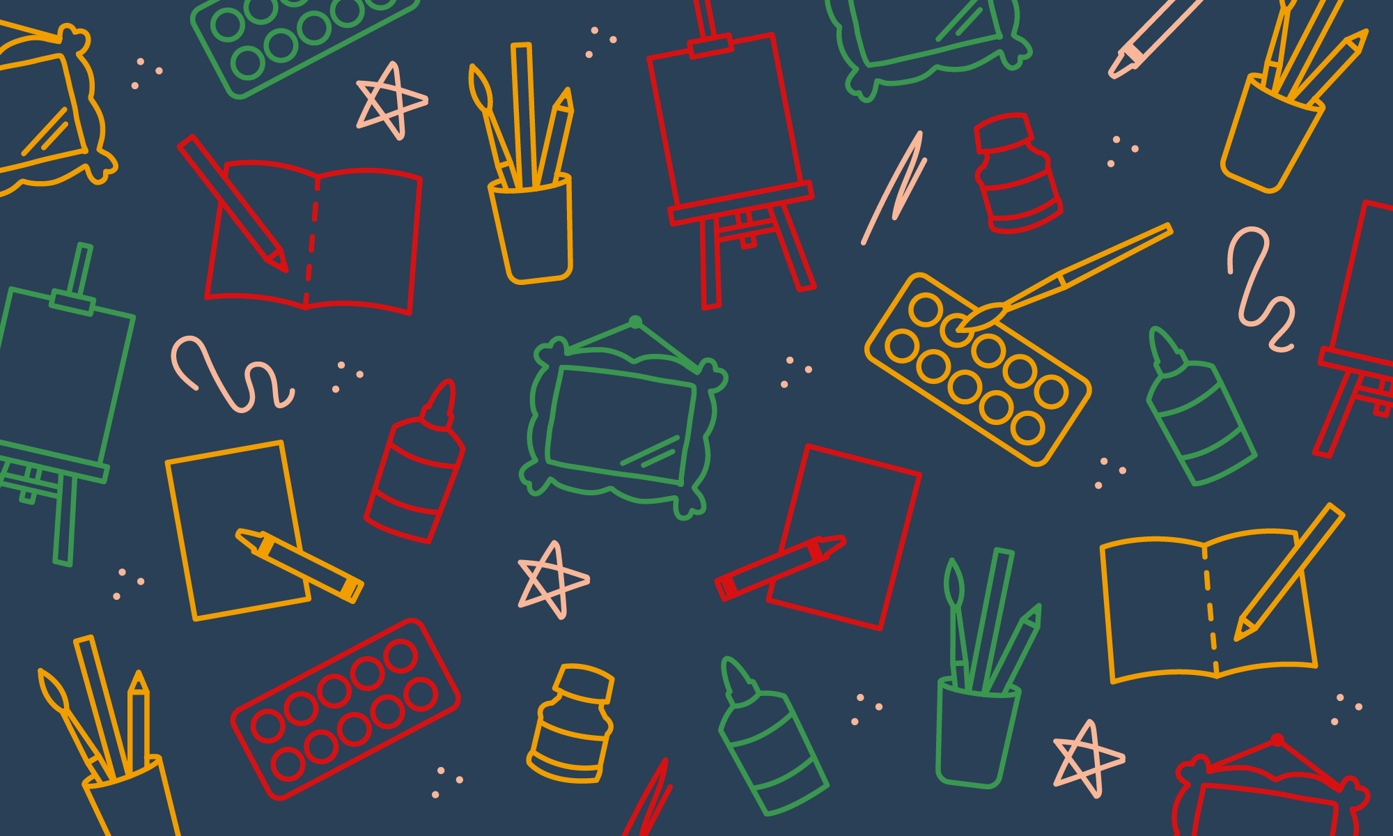 Pattern of art supplies including easels, paint palettes, brushes, books and glue on a dark blue background.