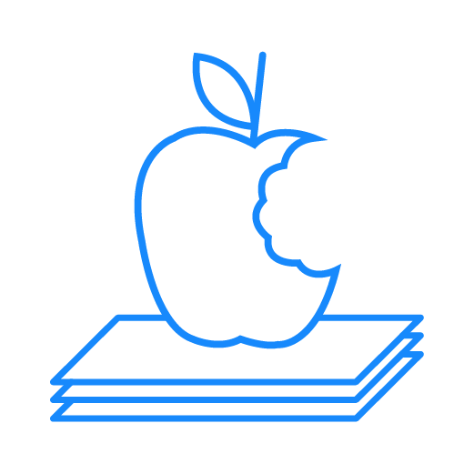Simple blue icon of an apple with a bite taken out, placed on top of a stack of papers, representing bite-sized learning chunks.