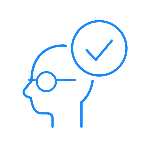 Simple blue icon of a head in profile wearing glasses, with a large tick in a circle above it, representing specialised content.