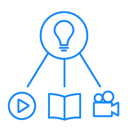 Simple blue icon showing a lightbulb at the centre with three lines connecting to a play button, an open book, and a video camera, representing various ways to learn.