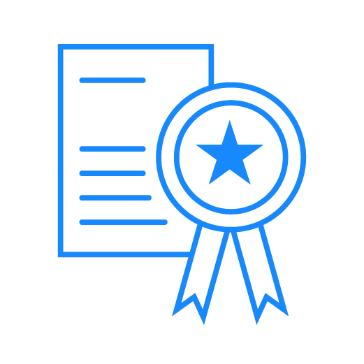 Simple blue icon of a certificate with a ribbon attached, symbolising tested and effective methods with a guarantee.